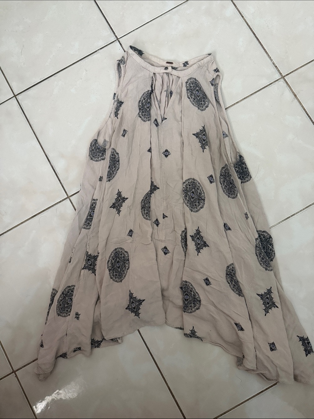 Free People Asymmetrical Cream Shirt with Black Medallion Print